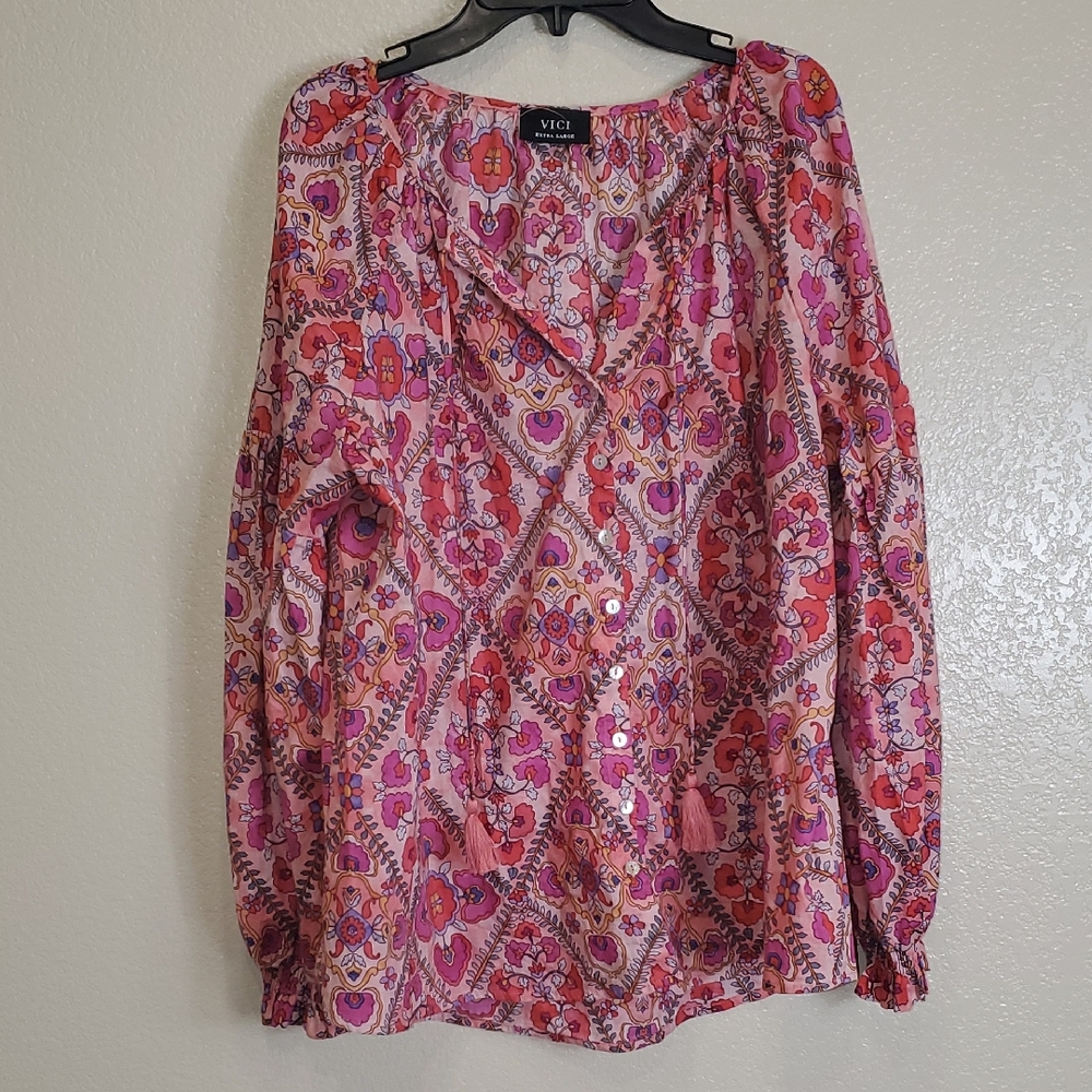 VICI Pink Floral Button Front Long Sleeve Tassel Tunic Top Blouse Boho XL